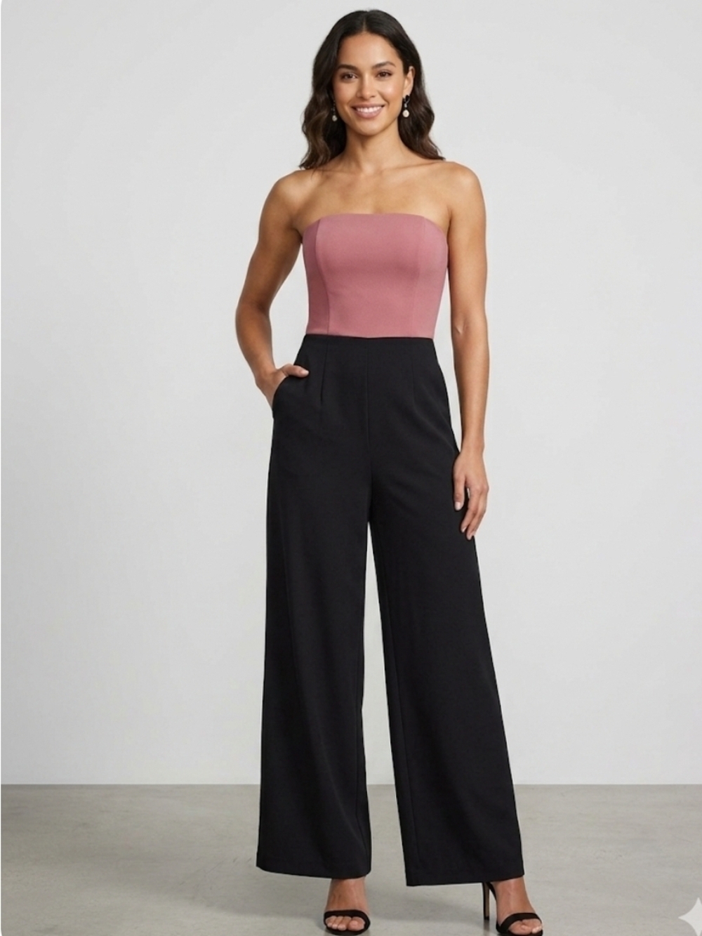 Guess Strapless Two-Tone Jumpsuit in Dusty Rose and Black